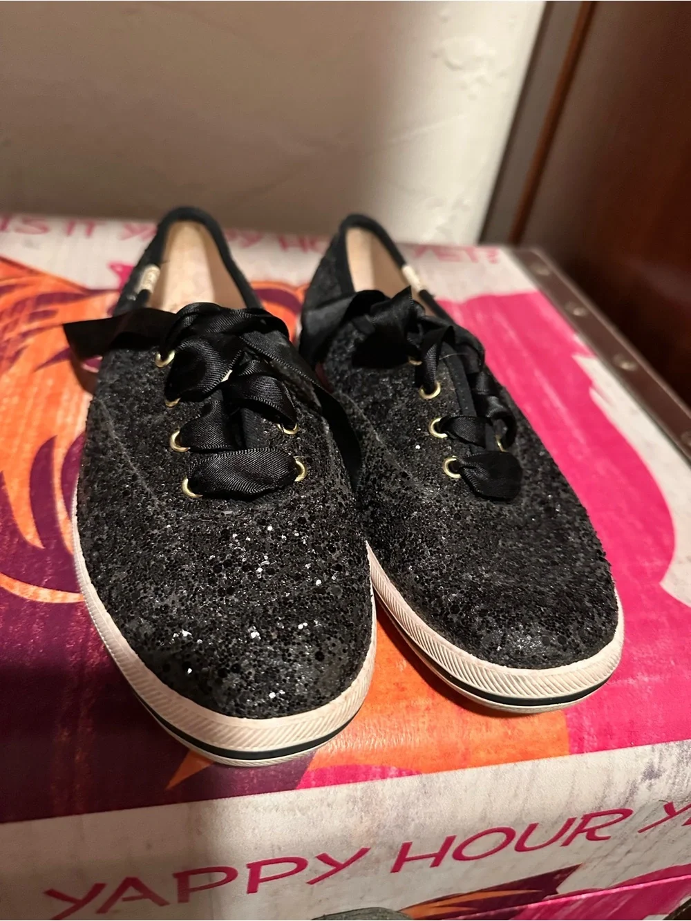 kate spade Black Glitter Ribbon Lace Women's Sneakers